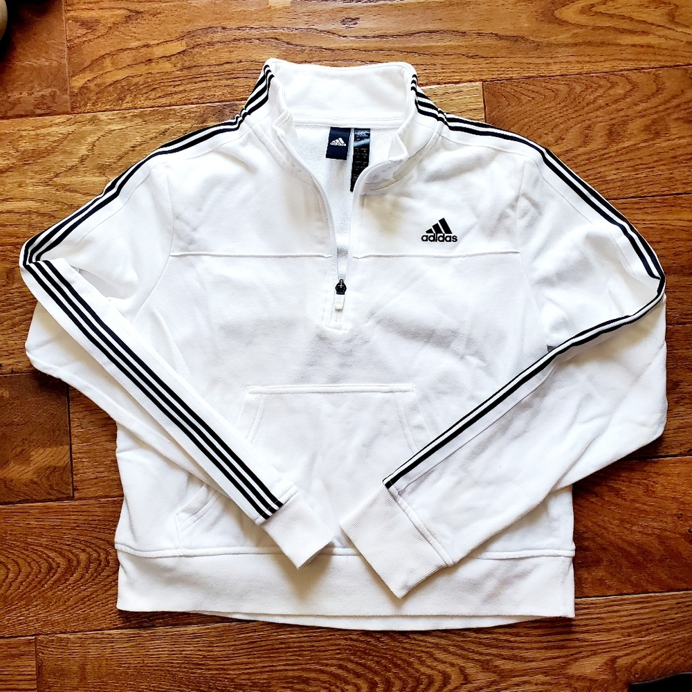 Adidas white quarter zip three stripe pullover women's XS